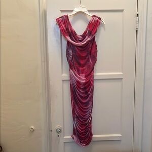 Pink Ruched Cowl Neck Maxi Gown